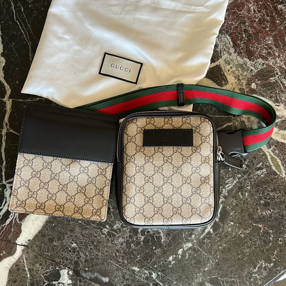 GUCCI Double Pouch Belt Bag GG Coated Canvas & Leather Web Strap Crossbody